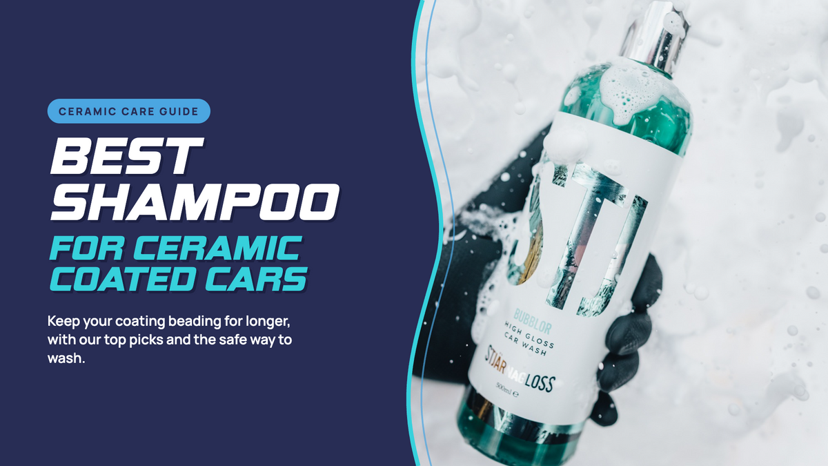 Gloved hand holding Stjarnagloss Bubblor car wash in snow foam: best shampoo for ceramic coated cars