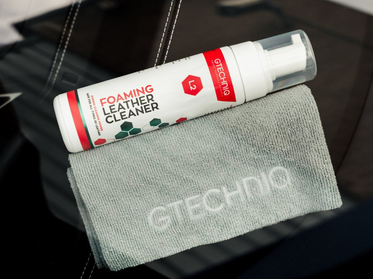 Gtechniq Foaming Leather Cleaner with a microfibre cloth